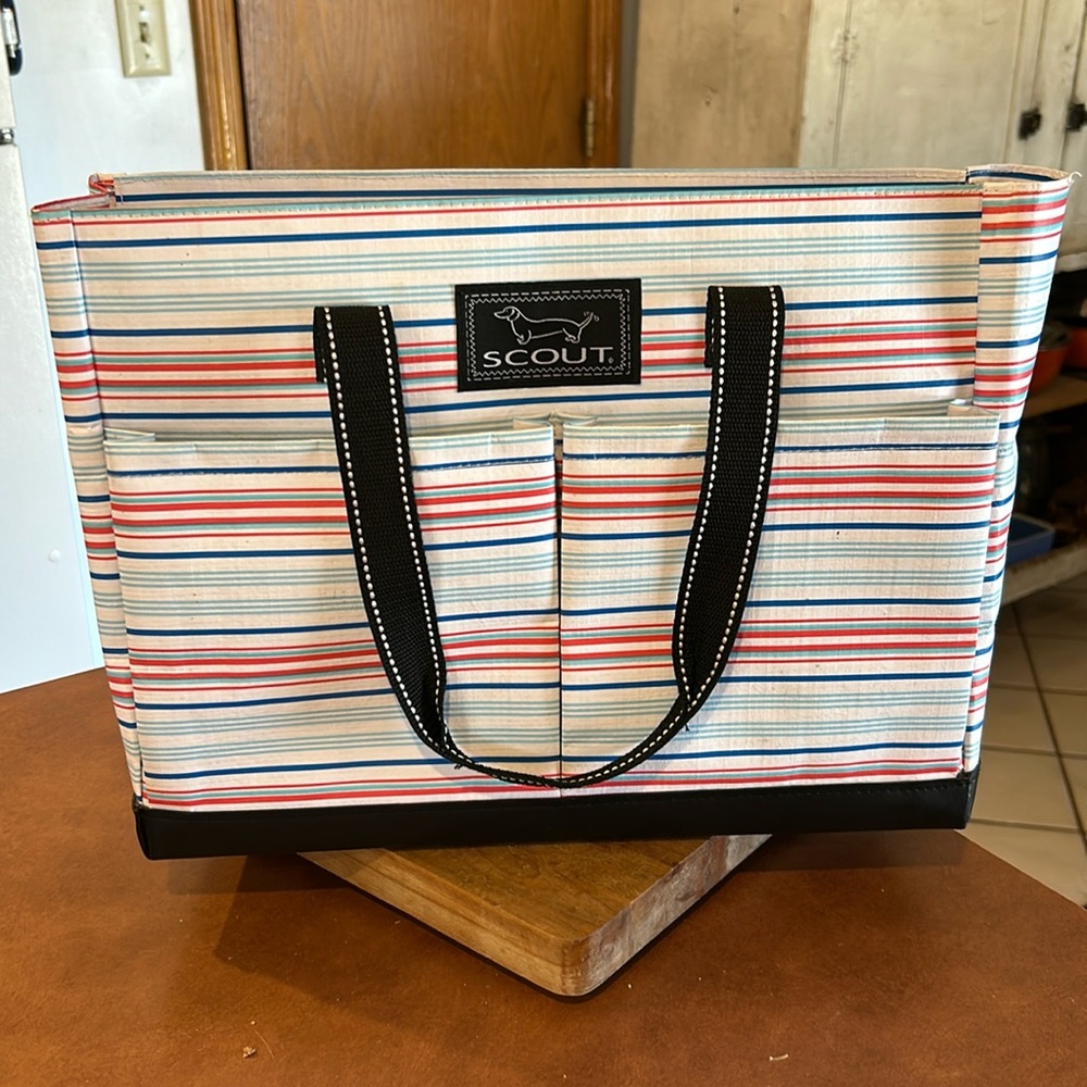 Scout Tote Bag 15 x 12 Red, Blue, light blue, and white stripped.